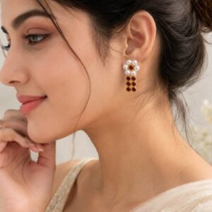 Handmade Pearl Flower Drop Earrings with Red Stone for Women